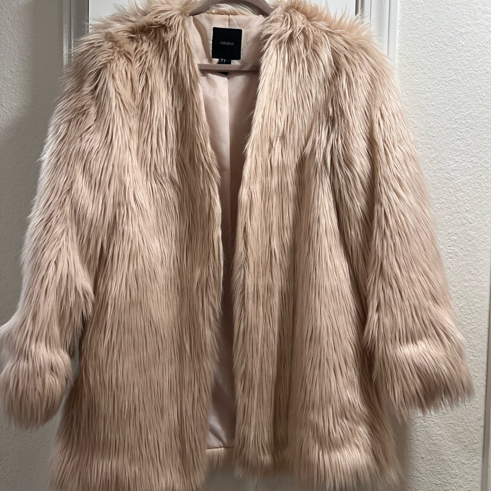 Forever 21 Women's Faux Fur Coat - Cream medium M beige
